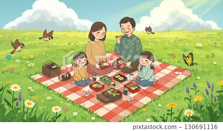 史上最棒的假期！繪本風格的家庭野餐 130691116