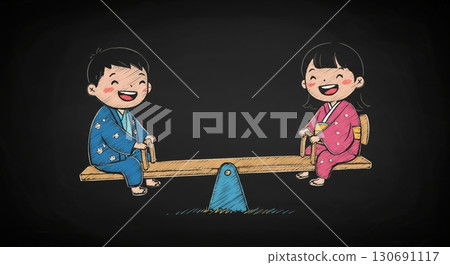 最棒的笑容！繪本風格的小孩在玩蹺蹺板 130691117