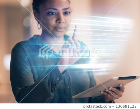 Hologram screen, tablet and black woman with user interface for internet, cyber networking and online. Fintech overlay, futuristic business and girl on digital tech for finance, research or website 130691122