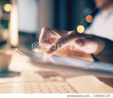 Technology, mockup screen and hand on tablet for internet, social media and networking online at night. Communication, office and worker with blank digital tech for mobile app, research and website 130691125