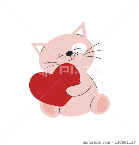 Funny cute cat with red heart for valentine day. Cartoon style. Funny cute cat with red heart for valentine day. Cartoon style. 130691137