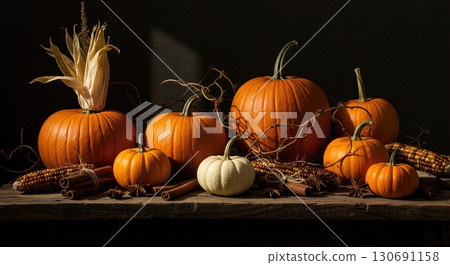 Mystical pumpkin still life on rustic wooden table with small white gourds dried corn husks 130691158