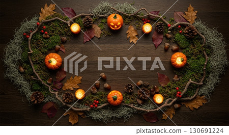 Haunted forest floor flat lay with carved jack o lantern minis warm candle glow 130691224