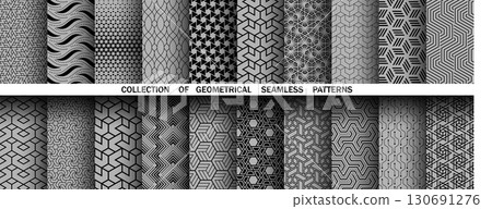 Geometric set of seamless black and gray patterns. Simple vector graphics 130691276