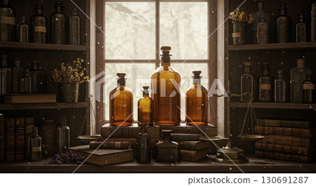 Vintage apothecary shelf with amber glass bottles dried herbs brass scale leather books Vintage apothecary shelf with amber glass bottles dried herbs brass scale leather books 130691287