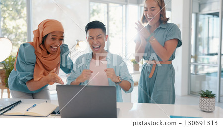 Celebration scream, business people and laptop notification, excited group and happy for promotion success news. Team collaboration, winner teamwork and staff shout for colleague winning online prize Celebration scream, business people and laptop notification, excited group and happy for promotion success news. Team collaboration, winner teamwork and staff shout for colleague winning online prize 130691313