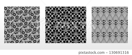 Geometric floral set of seamless patterns. Gray and black vector backgrounds. Damask graphic ornaments 130691316