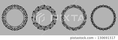 Set of decorative frames Elegant vector element for design in Eastern style, place for text. Floral black and gray borders. Lace illustration for invitations and greeting cards 130691317