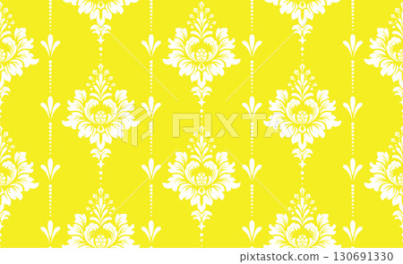 Wallpaper in the style of Baroque. White and yellow floral ornament. Seamless vector background. Graphic pattern for fabric, wallpaper, packaging. Ornate Damask flower illustration 130691330