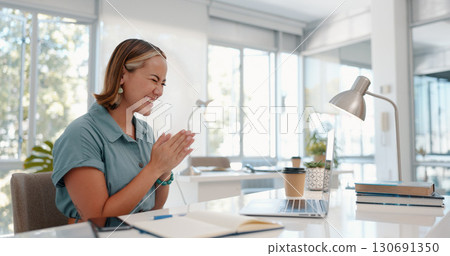 Laptop, excited and business woman celebration, happiness and reading announcement, online news or design success. Achievement, competition winner or designer smile for promotion, goals or target Laptop, excited and business woman celebration, happiness and reading announcement, online news or design success. Achievement, competition winner or designer smile for promotion, goals or target 130691350