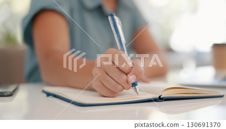 Hand, writing and notebook for business woman at desk with notes, planning schedule and brainstorming ideas. Receptionist, book and pen for admin report, goals and proposal with closeup in office Hand, writing and notebook for business woman at desk with notes, planning schedule and brainstorming ideas. Receptionist, book and pen for admin report, goals and proposal with closeup in office 130691370
