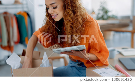 Tablet, retail or fashion manager with a checklist, inspection or prepare order in a store. Person, worker or entrepreneur with tech, products or stock delivery with quality control or small business Tablet, retail or fashion manager with a checklist, inspection or prepare order in a store. Person, worker or entrepreneur with tech, products or stock delivery with quality control or small business 130691420