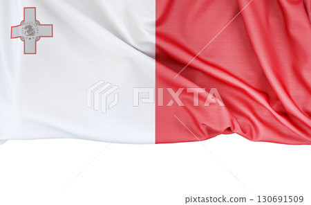 Waving flag of Malta isolated on plain white background with copy space below, perfect for presentations. 3D Rendering Waving flag of Malta isolated on plain white background with copy space below, perfect for presentations. 3D Rendering 130691509