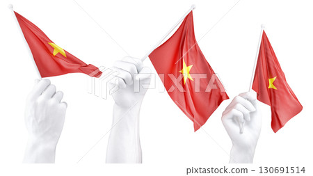 Hand holding flag of Vietnam. Isolated 3d Rendering Hand holding flag of Vietnam. Isolated 3d Rendering 130691514