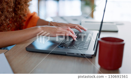Business, hands and woman with a laptop, typing and connection with research, website information or professional. Closeup, person or employee with a pc, communication or online reading with internet Business, hands and woman with a laptop, typing and connection with research, website information or professional. Closeup, person or employee with a pc, communication or online reading with internet 130691561