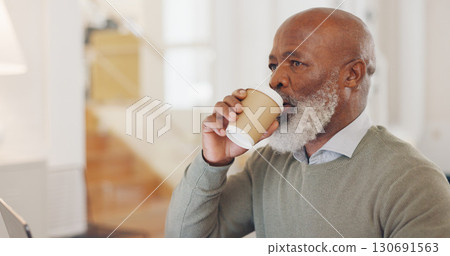 Mature, man and coffee by drinking at home for remote, freelance or work. African, person or entrepreneur while thinking, planning and idea for business, research or management of strategy for vision 130691563