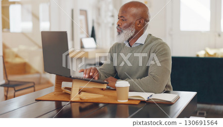 Laptop, focus and senior businessman working at home office for corporate research in HR. Technology, reading and professional African elderly male ceo planning company strategy on computer in house. Laptop, focus and senior businessman working at home office for corporate research in HR. Technology, reading and professional African elderly male ceo planning company strategy on computer in house. 130691564