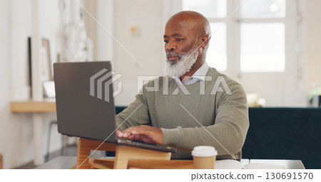 Laptop, typing and senior businessman working at home office for corporate research in HR. Technology, reading and professional elderly African male ceo planning company strategy on computer in house Laptop, typing and senior businessman working at home office for corporate research in HR. Technology, reading and professional elderly African male ceo planning company strategy on computer in house 130691570