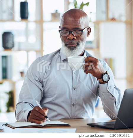 Black man, drinking coffee or notebook writing in corporate office for finance budget, taxes audit planning or financial growth. Serious, CEO or businessman with tea, laptop technology or report book Black man, drinking coffee or notebook writing in corporate office for finance budget, taxes audit planning or financial growth. Serious, CEO or businessman with tea, laptop technology or report book 130691631