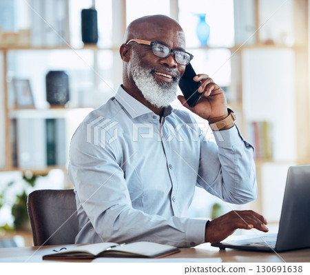 Black man, laptop or phone call for corporate networking, negotiation or client rapport for finance loan deal. Smile, happy or talking businessman on mobile communication technology for conversation 130691638