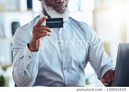 Black man hand, credit card or laptop for finance management, insurance or investment payment for future wealth policy. Smile, mature or CEO businessman on bank website, technology or online fintech 130691639