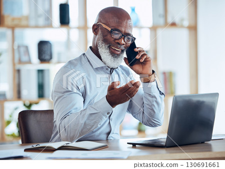 Happy black man, laptop or phone call in corporate networking, negotiation or client rapport on finance loan deal. Smile, talking or ceo businessman on mobile communication technology or conversation Happy black man, laptop or phone call in corporate networking, negotiation or client rapport on finance loan deal. Smile, talking or ceo businessman on mobile communication technology or conversation 130691661