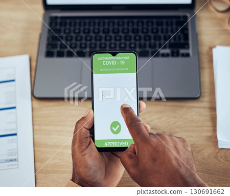 Hands, phone screen and person with a covid qr code, vaccination certificate and travel security. Healthy, safety and man with a barcode on a mobile app for verification of health and corona free Hands, phone screen and person with a covid qr code, vaccination certificate and travel security. Healthy, safety and man with a barcode on a mobile app for verification of health and corona free 130691662