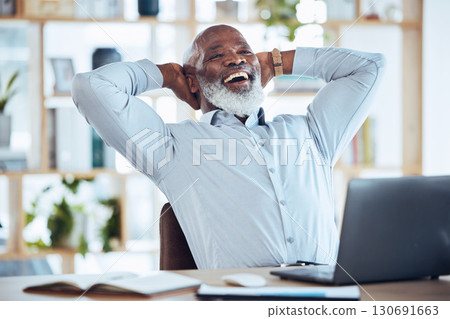 Happy black man stretching at desk for relax, online success and work life balance on office laptop. Business manager, boss or person success, calm and confident for project or career time management 130691663