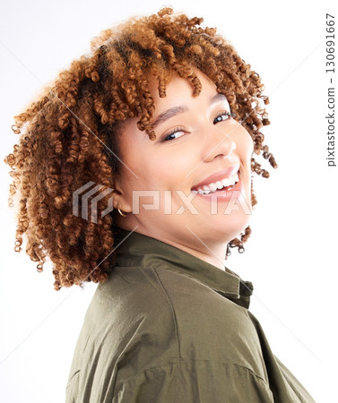 Portrait of black woman with smile, happiness and isolated on white background, worker at creative startup design agency. Small business entrepreneur, happy face and smiling office employee in studio 130691667