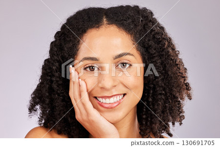 Black woman, portrait and spa beauty from skin glow and dermatology in a studio. Makeup, happiness and cosmetics of a young model with afro feeling happy from salon, facial and wellness treatment 130691705