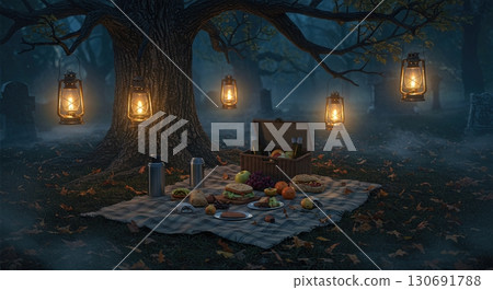 Midnight graveyard picnic blanket under gnarled oak with vintage lanterns 130691788