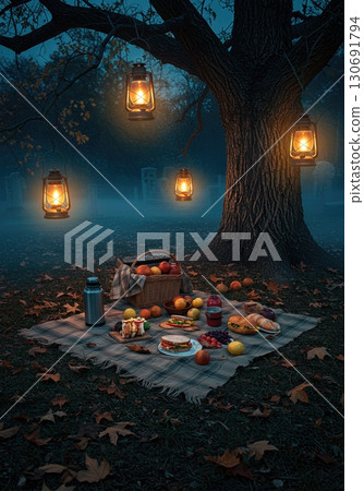Midnight graveyard picnic blanket under gnarled oak with vintage lanterns Midnight graveyard picnic blanket under gnarled oak with vintage lanterns 130691794