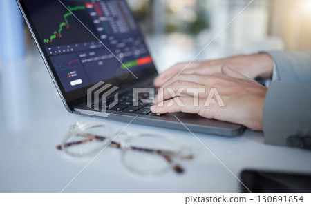 Hands, laptop and typing in trading for cryptocurrency, NFT or blockchain monitoring, chart or profit of investment. Hand of trader, investor or broker with computer on stock market for ecommerce Hands, laptop and typing in trading for cryptocurrency, NFT or blockchain monitoring, chart or profit of investment. Hand of trader, investor or broker with computer on stock market for ecommerce 130691854