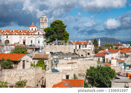 Pano Lefkara scenic cityscape showing Church of the Holy Cross and Mosque. Larnaka District 130691897
