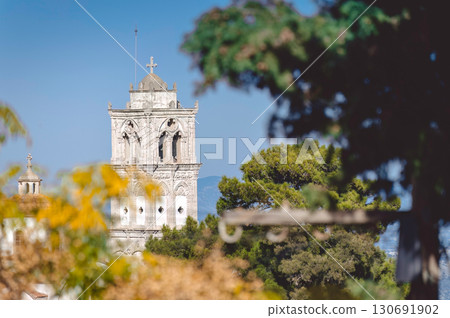 Church tower standing tall in Pano Lefkara, Cyprus, on sunny day. Larnaca District 130691902