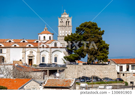 Church of the Holy Cross dominating Pano Lefkara village in Cyprus. Larnaca District 130691903
