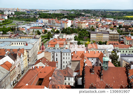 Panoramic view of the Plzen (Pilsen) city with red roofs and green trees in summer. Czech Republic Panoramic view of the Plzen (Pilsen) city with red roofs and green trees in summer. Czech Republic 130691907