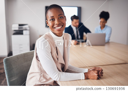 Portrait of professional black woman with business leadership, job management and planning in conference room. Young employee, worker or corporate person with employees workflow and career mindset Portrait of professional black woman with business leadership, job management and planning in conference room. Young employee, worker or corporate person with employees workflow and career mindset 130691936