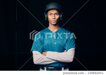 Sports, baseball and portrait of black man on dark background serious about game, practice and competition. Fitness, sport mockup and male athlete focus for exercise, training and workout for match Sports, baseball and portrait of black man on dark background serious about game, practice and competition. Fitness, sport mockup and male athlete focus for exercise, training and workout for match 130692051