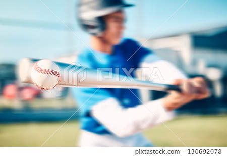 Baseball, game and man with training, speed and outdoor for exercise, blurry and wellness. Male athlete, guy and athlete with bat, health and hit a fast ball, practice and routine on field or workout Baseball, game and man with training, speed and outdoor for exercise, blurry and wellness. Male athlete, guy and athlete with bat, health and hit a fast ball, practice and routine on field or workout 130692078