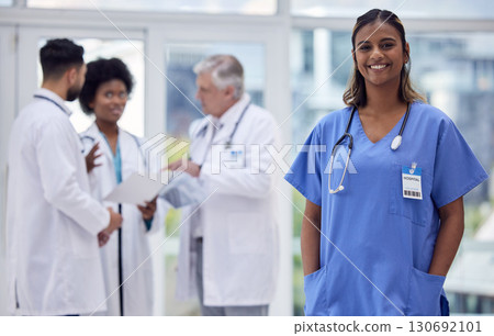 Woman, portrait or nurse in hospital internship, about us or medical collaboration for medicine treatment, trust or life insurance. Smile, happy or healthcare worker and doctors diversity in teamwork 130692101