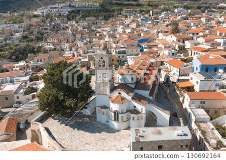 Aerial view capturing the Church of the Holy Cross in Pano lefkara. Larnaca District, Cyprus 130692164