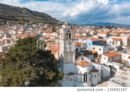 Church dominating the skyline of Pano Lefkara village on a bright sunny day. Larnaca District, Cyprus 130692167