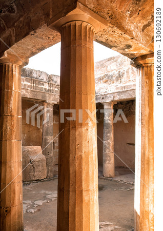 Sunlight illuminating ancient columns within the Tombs of the Kings in Paphos, Cyprus, 130692189