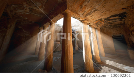 Sunbeams illuminate majestic columns inside an underground tomb in Tombs of the Kings archaeological site, Paphos, Cyprus 130692201