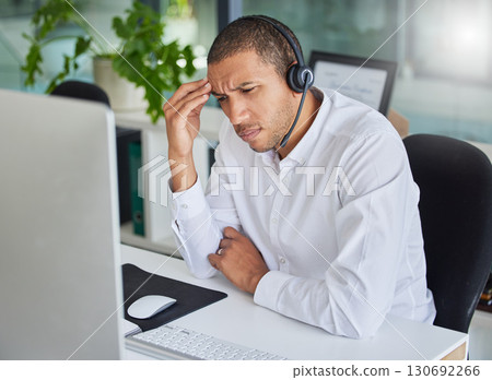 Headache, tired and call center man fatigue, stress and burnout in online, virtual service or salesman career. Confused, thinking or depressed consultant, professional advisor or telecom agent person 130692266