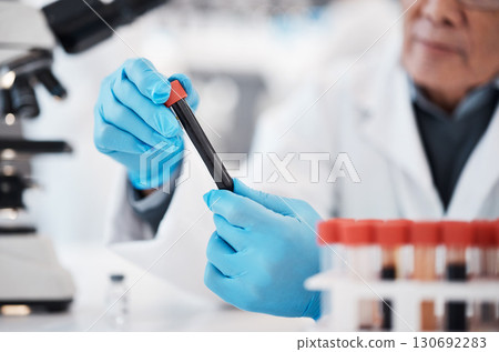 Blood, test tube and hands of scientist in laboratory with sample for research, medical study and investigation. Healthcare, pharmaceutical and man with vial for dna testing, science and rna analysis 130692283