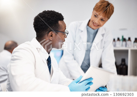 Science team, research and people with tablet in laboratory for experiment, study and medical results. Healthcare, pharmaceutical and scientists talking with digital tech for vaccine data analysis 130692303