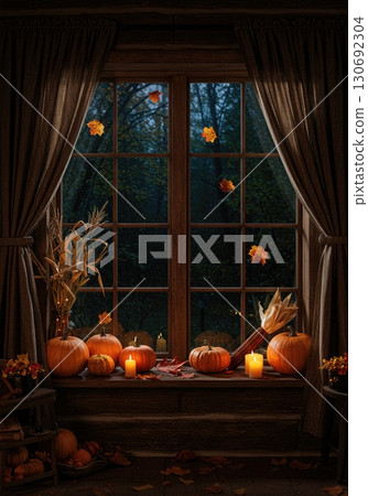Cozy cabin window interior with pumpkins gourds dried corn and autumn leaves 130692304