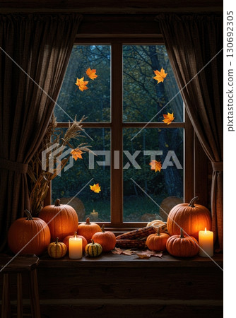 Cozy cabin window interior with pumpkins gourds dried corn and autumn leaves 130692305